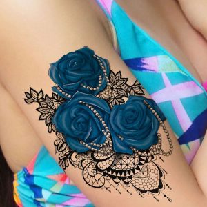 1 hoja de tatuaje temporal falso con diseño de flor de rosa azul para mujer