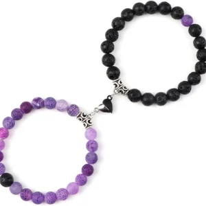 2 uds Pulsera magnética de corazón morado y Negro Moda 8mm Cuentas de Piedra