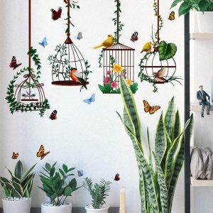 4 calcomanías de pared de flores, pájaros, flores, jaulas,  calcomanías de pared florales extraíbles