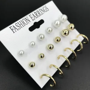 9 Par/set De Pendientes Y Aros Con Decoración De Perlas De Imitación