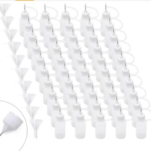 50 botellas aplicadoras de punta de precisión de 0.5 onzas con 10 embudos de plástico