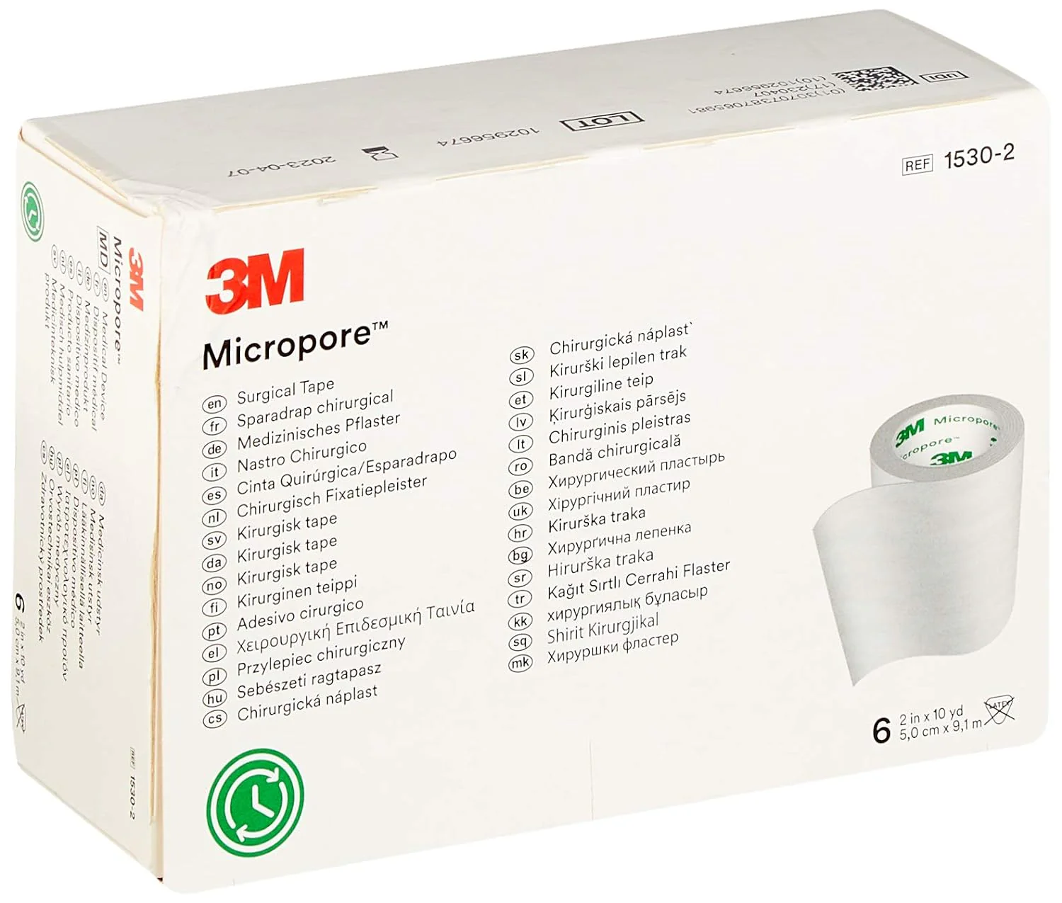 Apósito de papel delicado 3M Micropore™ 5, 10 cm x 9,14 m, paquete de 6