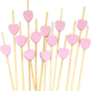 BambooMN Brochetas de bambú de 8.3 pulgadas con forma de corazón rosa