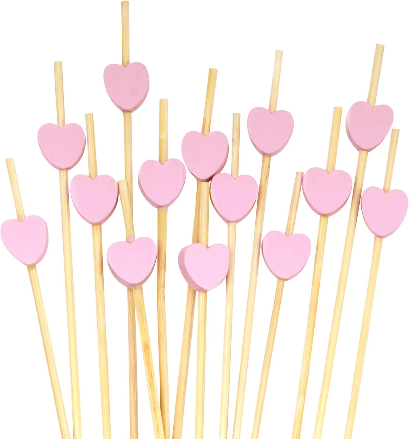 BambooMN Brochetas de bambú de 8.3 pulgadas con forma de corazón rosa