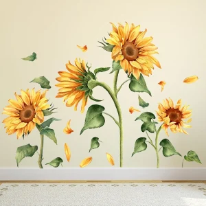 Calcomanía de pared vintage de girasol, diseño floral de jardín, flores amarillas con hojas verdes