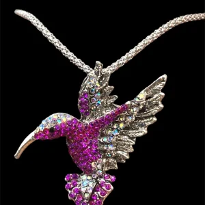 Collar Colgante Plateado con Rosa Colibrí Cristal