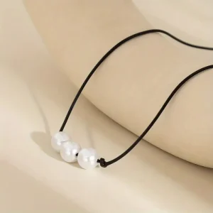 Collar de cuerda de cuero con perlas de agua dulce para mujer, collar de 3 cuentas hecho a mano