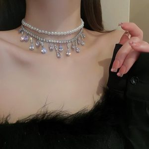 Collar de gota de agua de perlas de imitación y diamantes de imitación