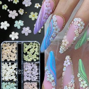 Decoración de uñas con flores en 3D con perlas de imitación, cuentas de acero