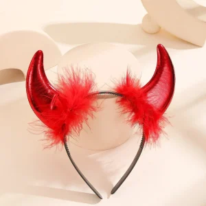 Diadema con cuernos de diablo de tela brillante con lámina dorada para mujer