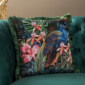 Funda de cojín de terciopelo verde de lujo para sofá, con flecos de pavo real de Asdiva