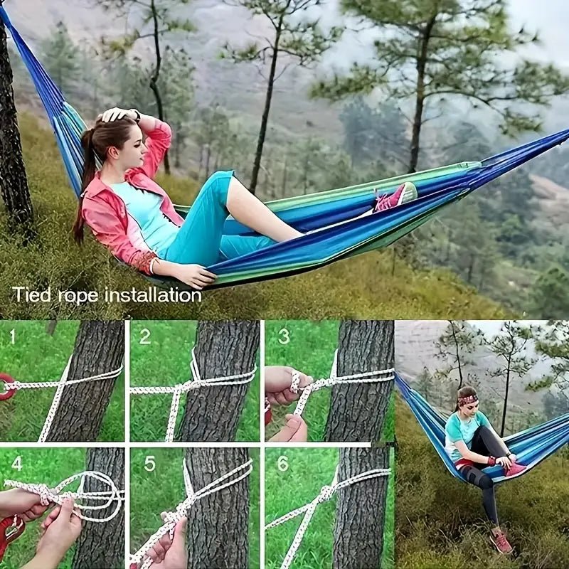 Hamaca de Lona a Rayas Azules y Verdes Grande y Portátil con Cuerdas para Colgar - Imagen 2