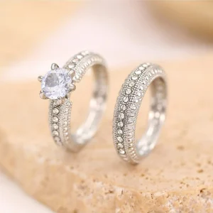 Juego de 2 anillos de pareja con circonitas brillantes, perfectos para bodas