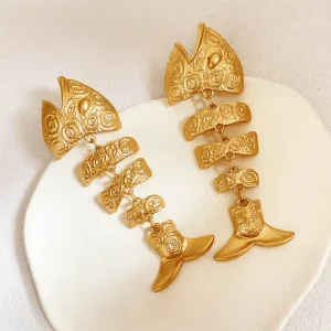 Pendientes de espina de pescado hueca dorada, joyería Vintage, pendientes grandes de moda