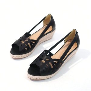 Sandalias de alpargatas huecas para mujer, sandalias de cuña con punta abierta para vacaciones