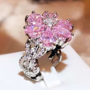 Shein 1 anillo de flor de circonita con forma de gota de agua rosa con diamantes de imitación