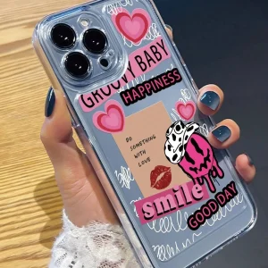 Shein Funda para teléfono con diseño de letras y corazones rosas de la década de 2000