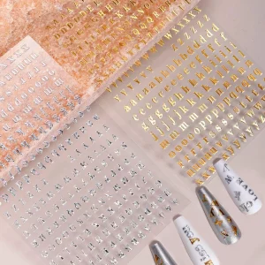 Shein Juego de 2 pegatinas para uñas con diseño de alfabeto metálico para decoración de uñas