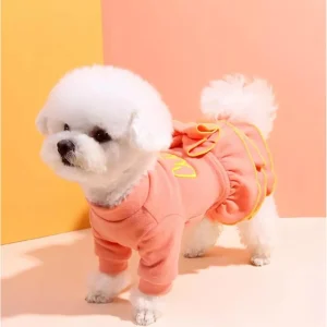 Shein Vestido para mascota de tela de felpa esponjosa, color rosa Coral, con lazo grande