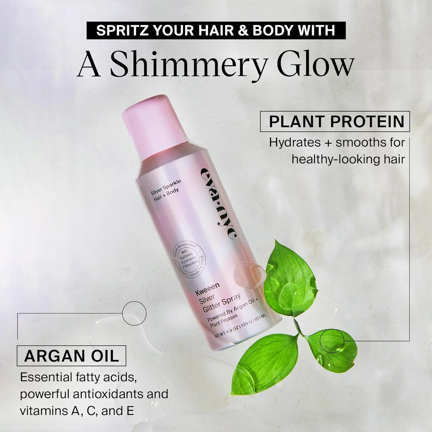 Spray para el cabello y el cuerpo con purpurina plateada Kweeen de Eva NYC, 4.9 oz - Imagen 5