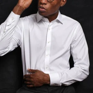 TIE BAR Camisa de vestir sin planchado blanca sólida Pinpoint