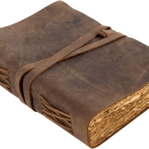 WANDERINGS Diario de cuero vintage papel de algodón sin hojas, borde desbarbado